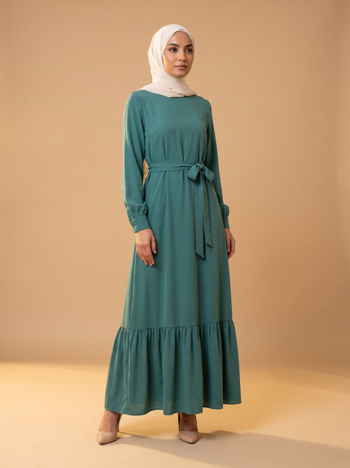 Belden Kuşaklı Elbise - Zümrüt - Butik Dubai büyük beden elbise
