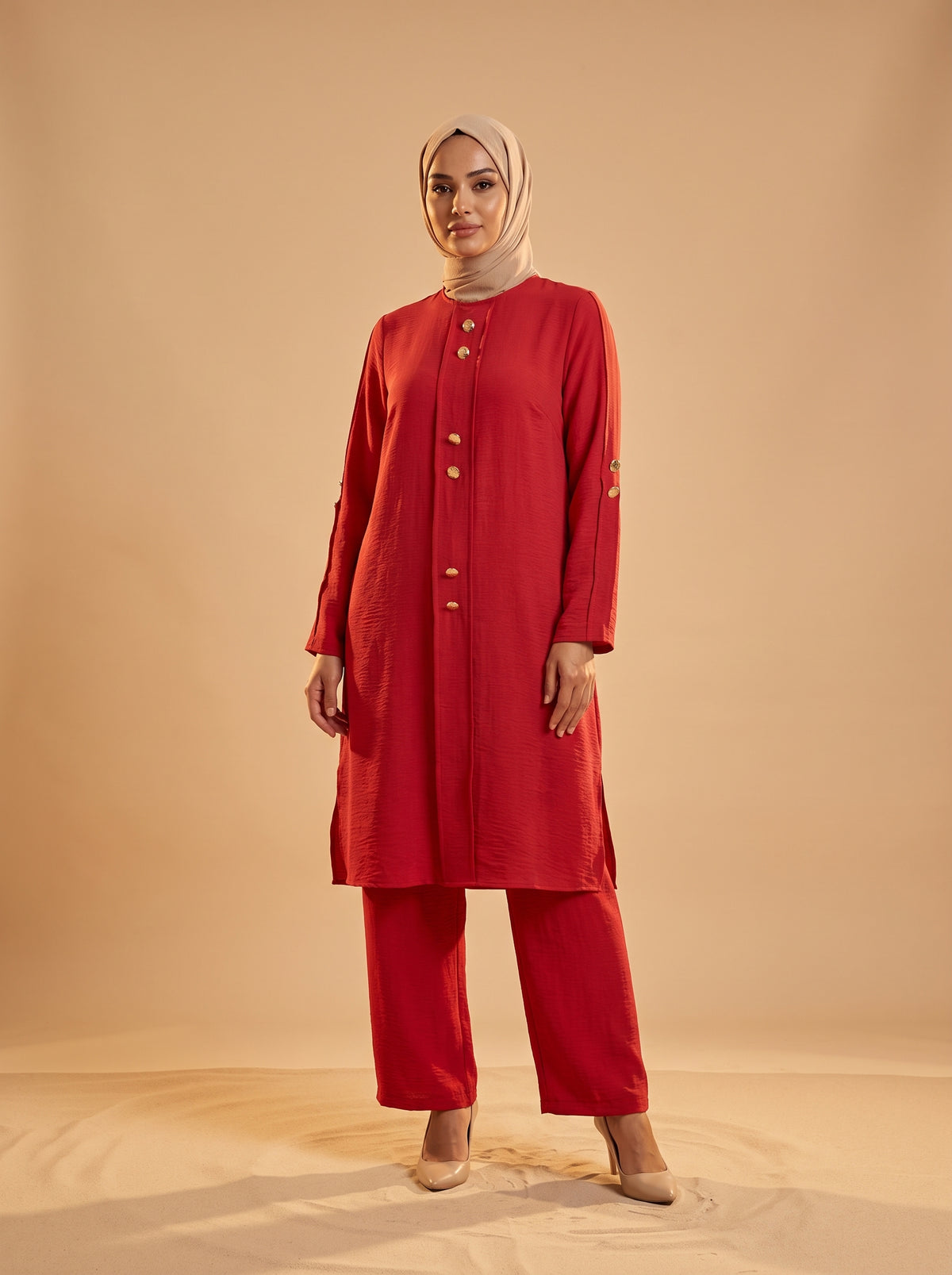 Düğmeli İkili Takım - Kırmızı - Butik Dubai büyük beden i̇kili takım