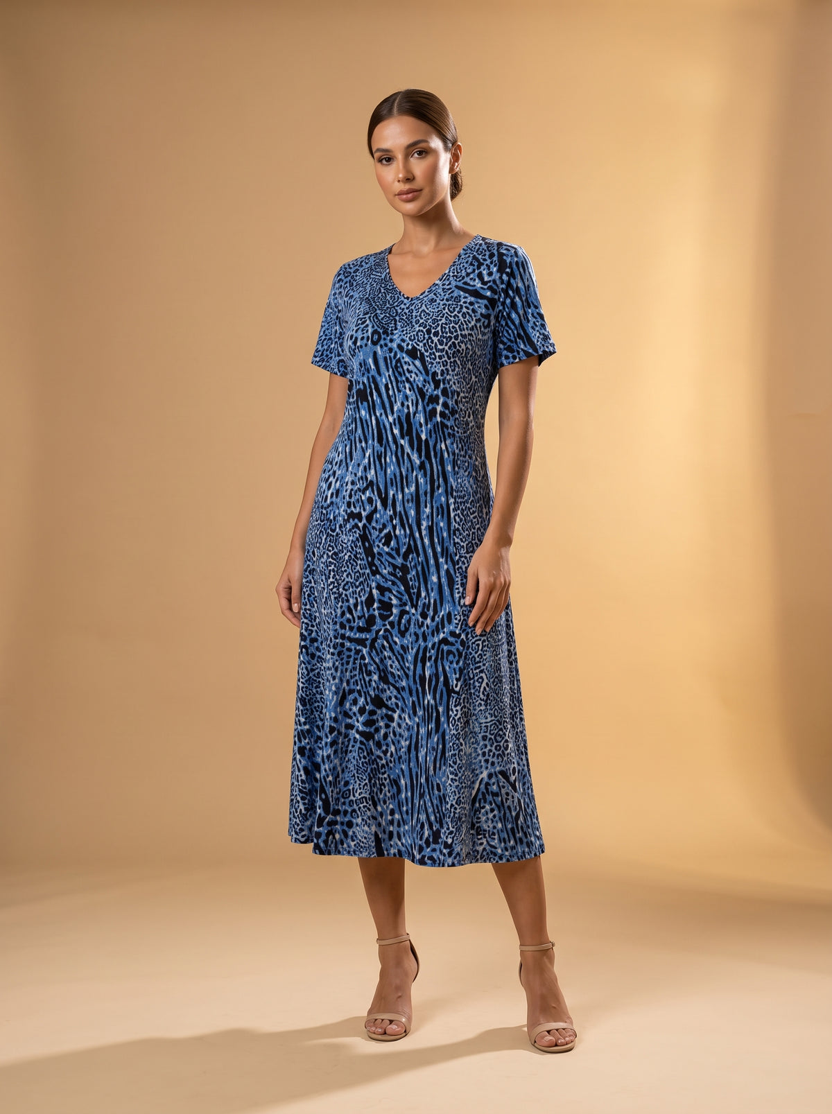 Yazlık Midi Elbise - Mavi Leopar - Butik Dubai büyük beden yazlık midi elbise