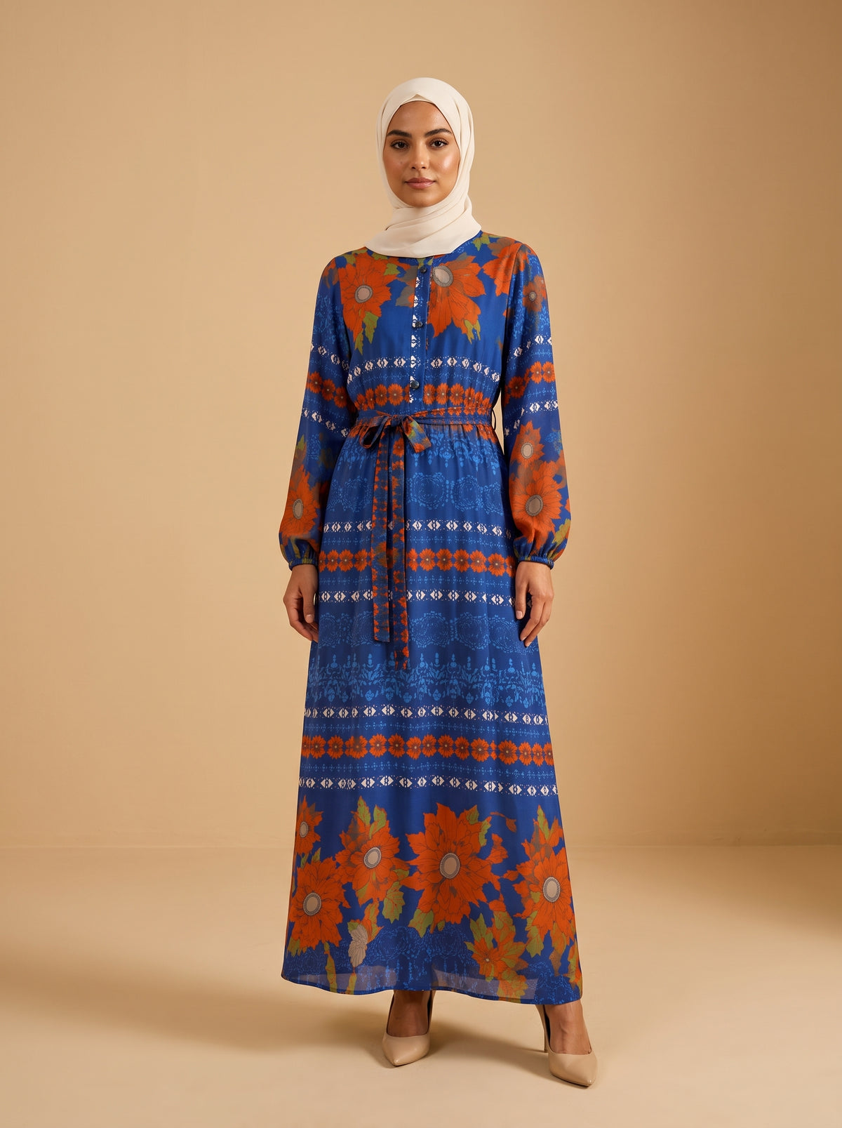 Viskon Elbise - Mavi Turuncu - Butik Dubai büyük beden viskon elbise