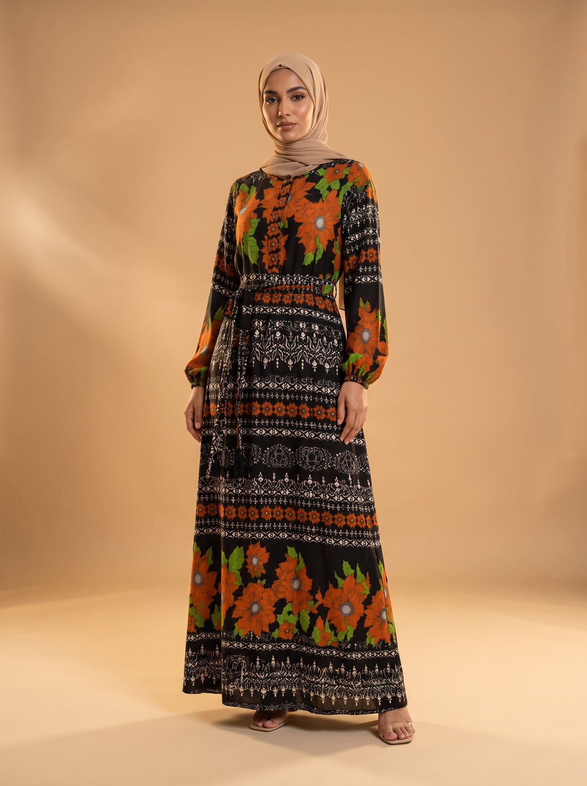 Viskon Elbise - Siyah Turuncu - Butik Dubai büyük beden viskon elbise