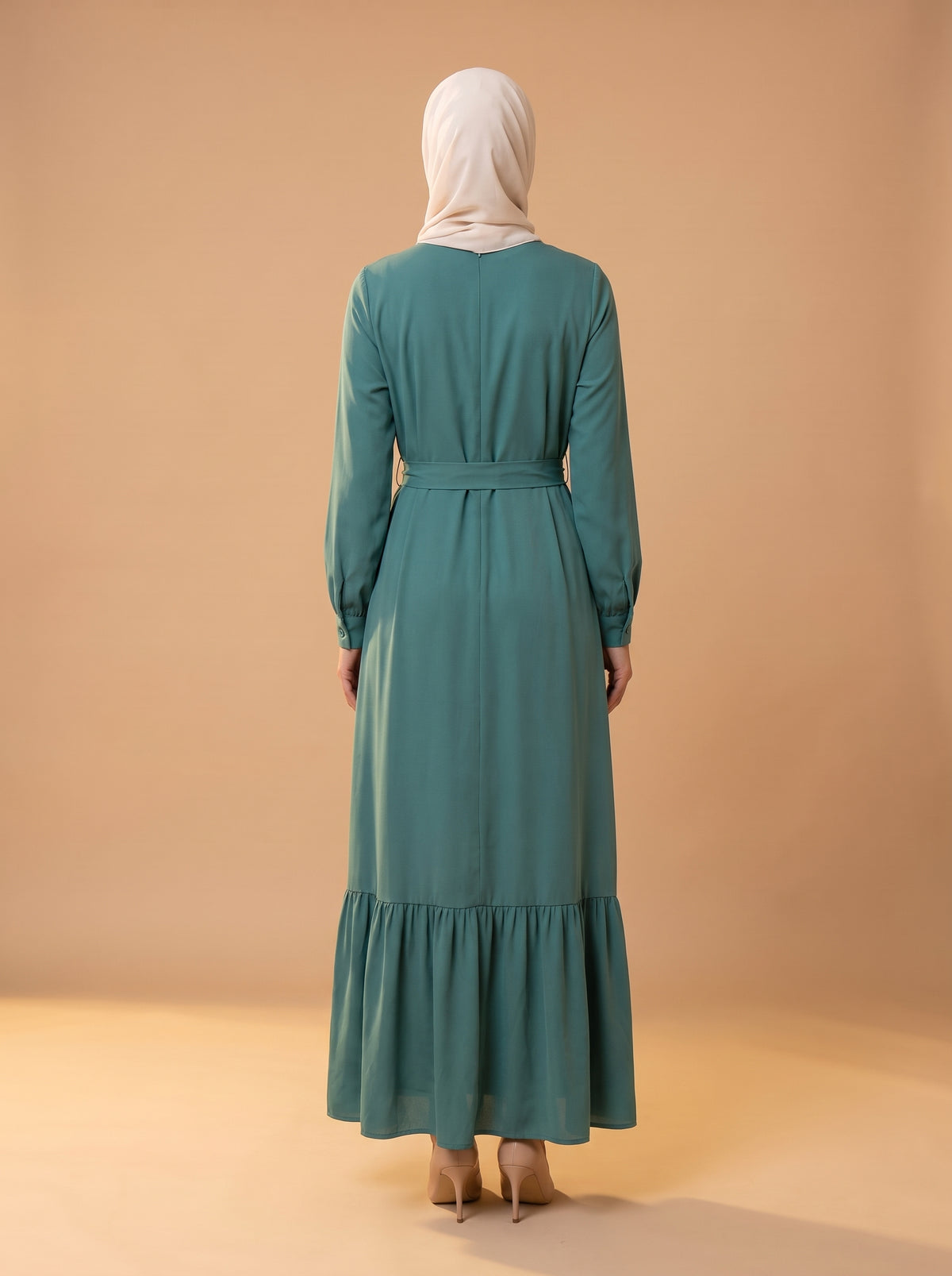 Belden Kuşaklı Elbise - Zümrüt - Butik Dubai büyük beden elbise