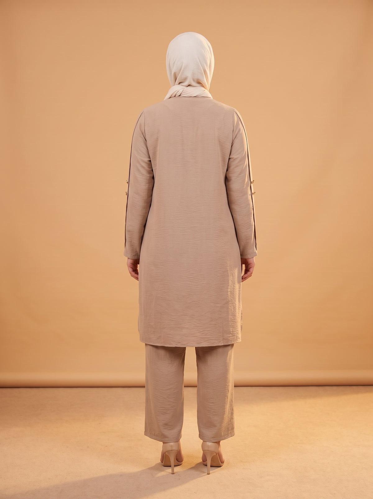 Düğmeli İkili Takım - Bej - Butik Dubai büyük beden i̇kili takım