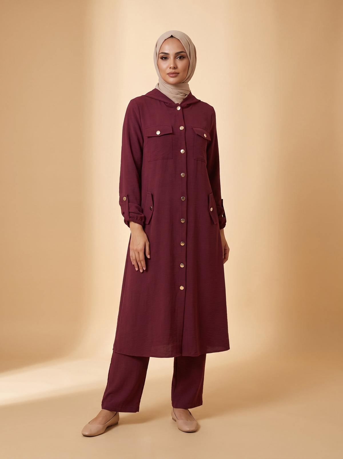 Boydan Düğmeli Cepli Takım - Bordo - Butik Dubai büyük beden i̇kili takım