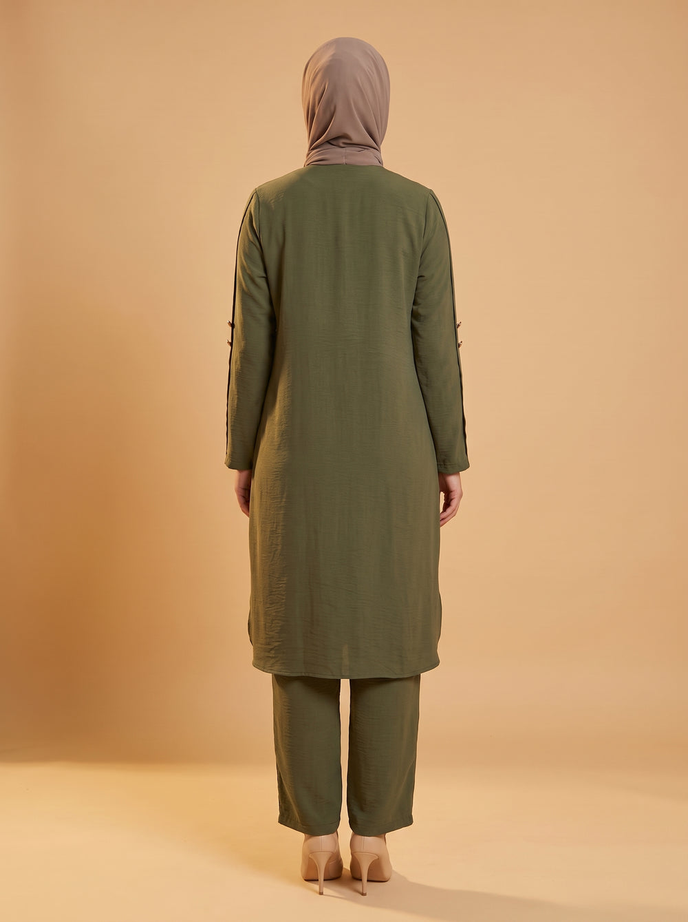 Düğmeli İkili Takım - Haki - Butik Dubai büyük beden i̇kili takım