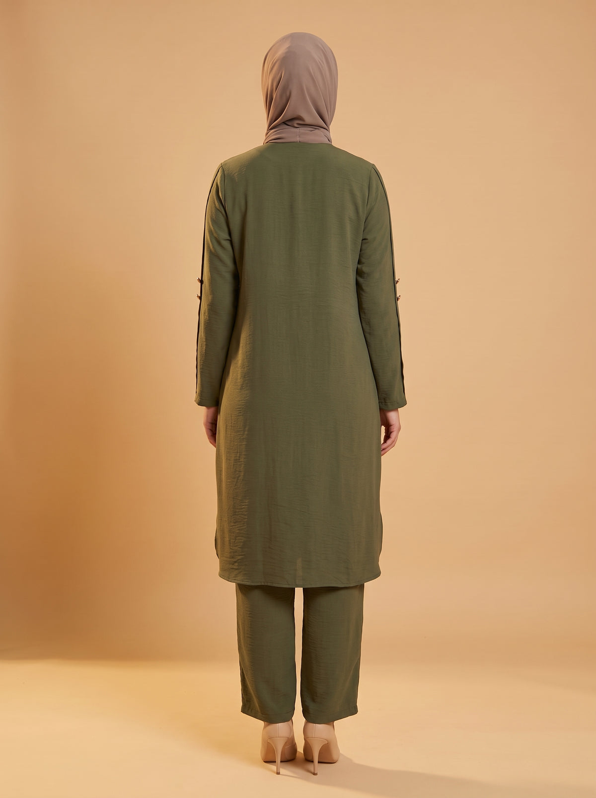 Düğmeli İkili Takım - Haki - Butik Dubai büyük beden i̇kili takım