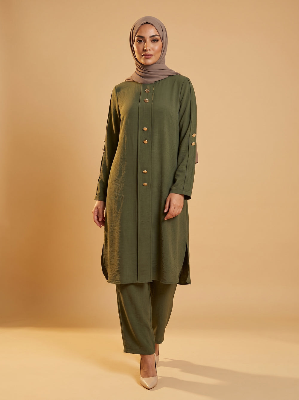 Düğmeli İkili Takım - Haki - Butik Dubai büyük beden i̇kili takım