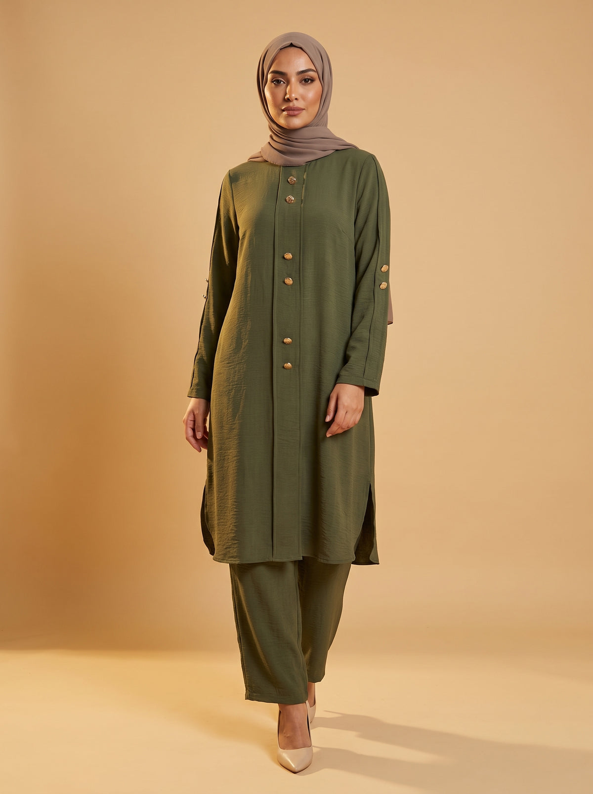 Düğmeli İkili Takım - Haki - Butik Dubai büyük beden i̇kili takım
