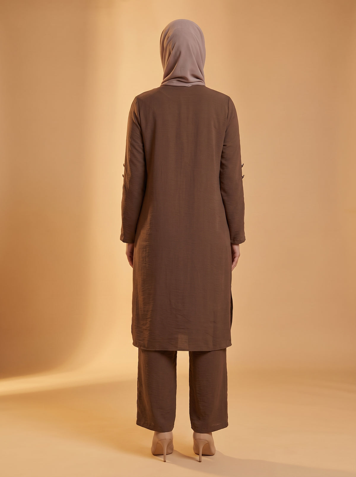 Düğmeli İkili Takım - Kahve - Butik Dubai büyük beden i̇kili takım