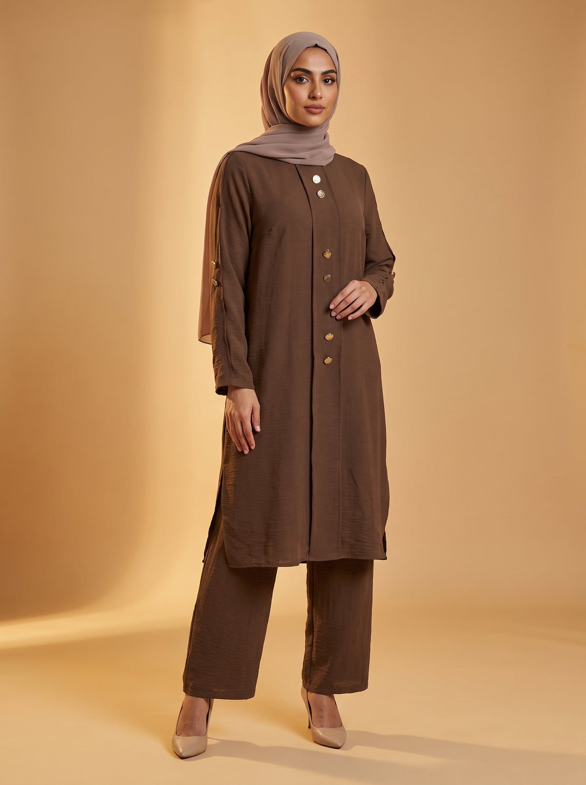 Düğmeli İkili Takım - Kahve - Butik Dubai büyük beden i̇kili takım