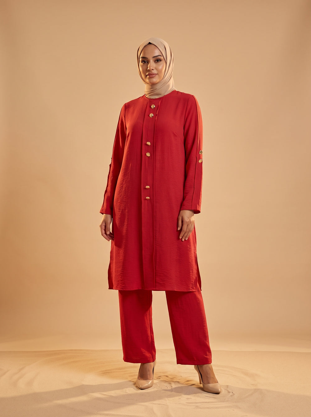 Düğmeli İkili Takım - Kırmızı - Butik Dubai büyük beden i̇kili takım
