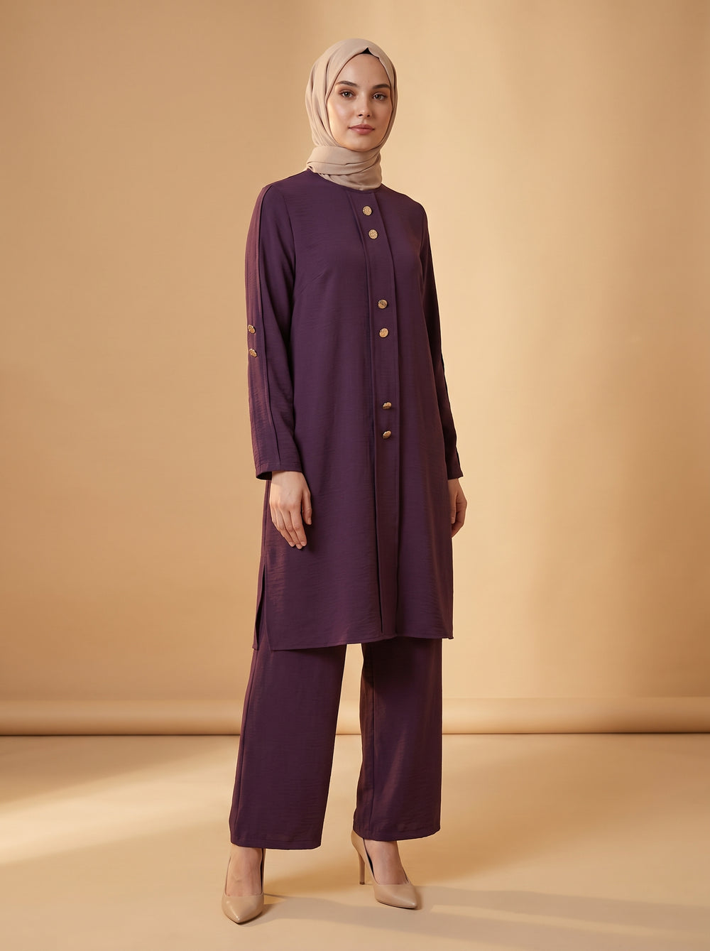 Düğmeli İkili Takım - Mürdüm - Butik Dubai büyük beden i̇kili takım