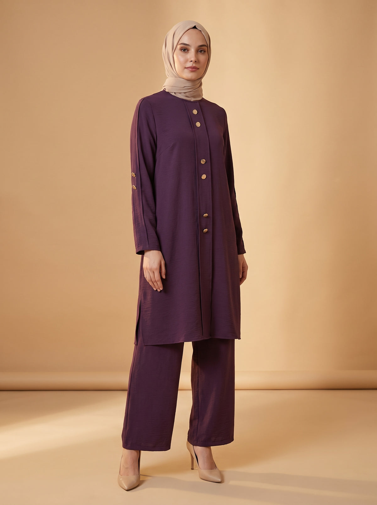 Düğmeli İkili Takım - Mürdüm - Butik Dubai büyük beden i̇kili takım