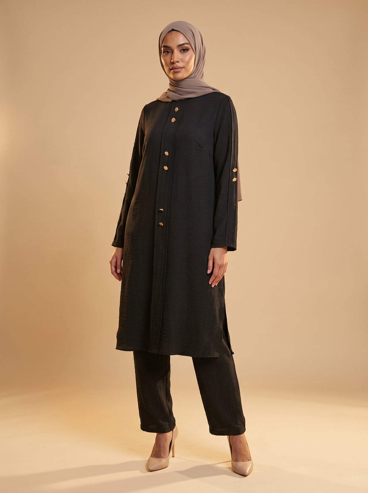 Düğmeli İkili Takım - Siyah - Butik Dubai büyük beden i̇kili takım