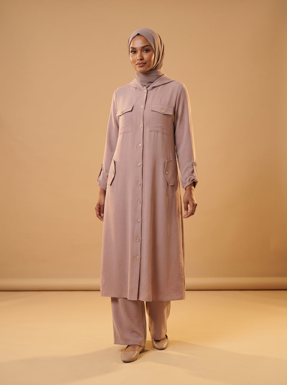 Boydan Düğmeli Cepli Takım - Vizon - Butik Dubai büyük beden i̇kili takım