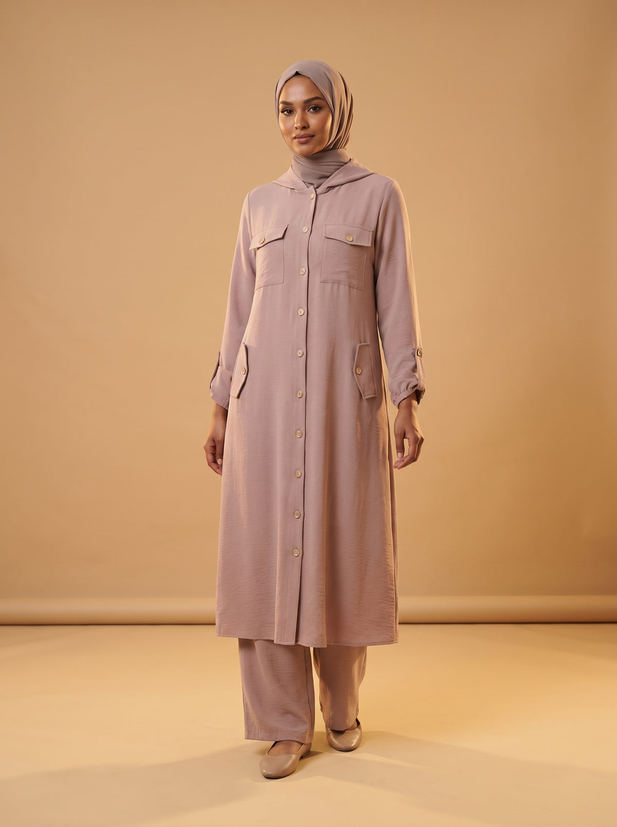 Boydan Düğmeli Cepli Takım - Vizon - Butik Dubai büyük beden i̇kili takım