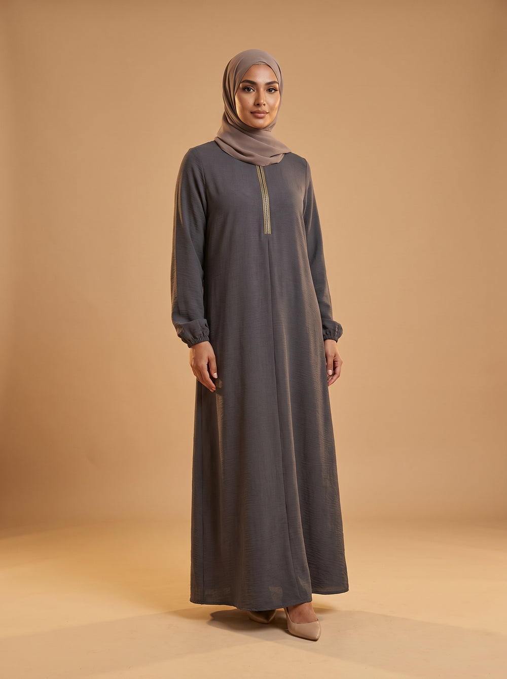 Taşlı Elbise - Füme - Butik Dubai büyük beden elbise