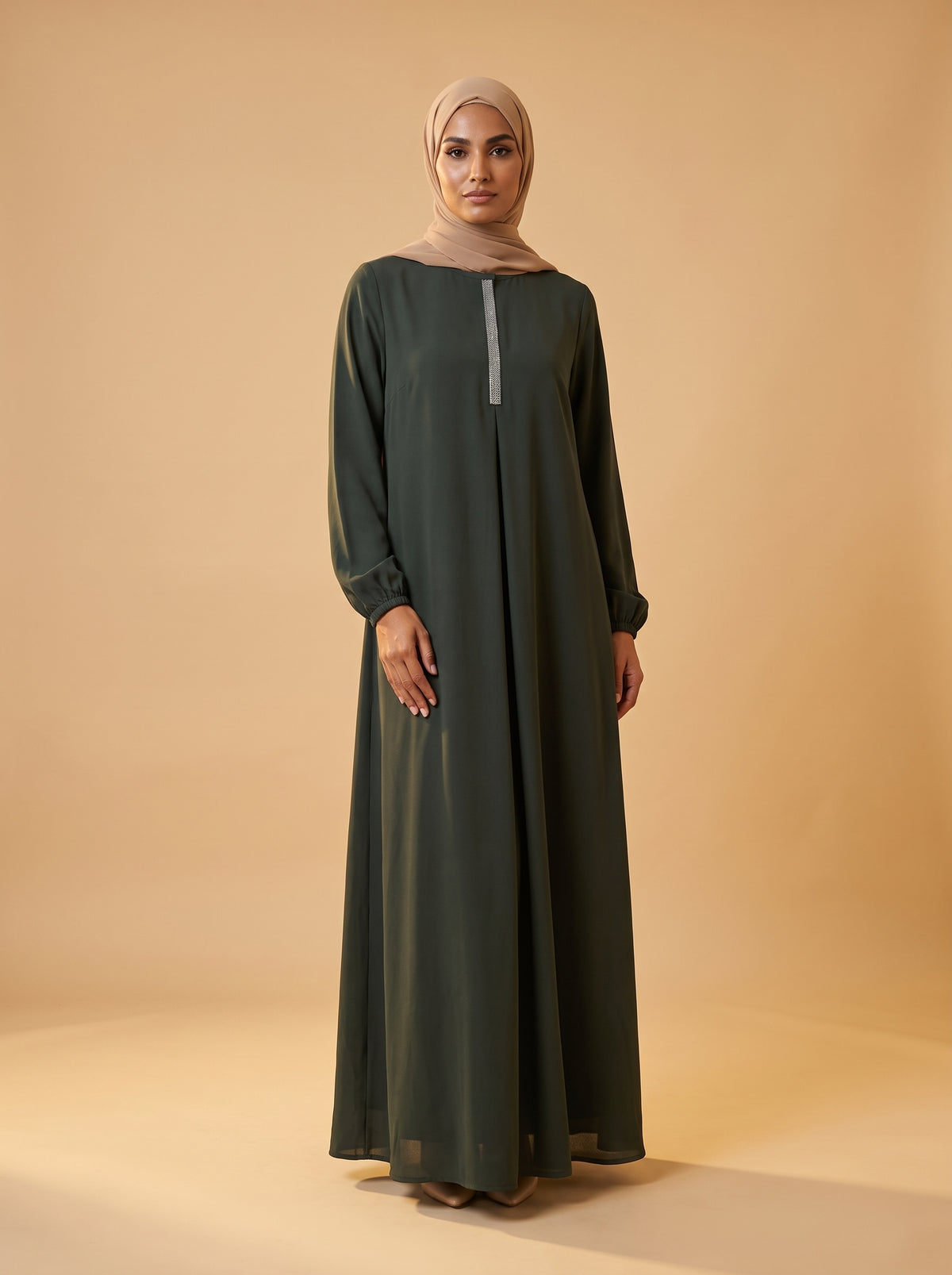 Taşlı Elbise - Haki - Butik Dubai büyük beden elbise
