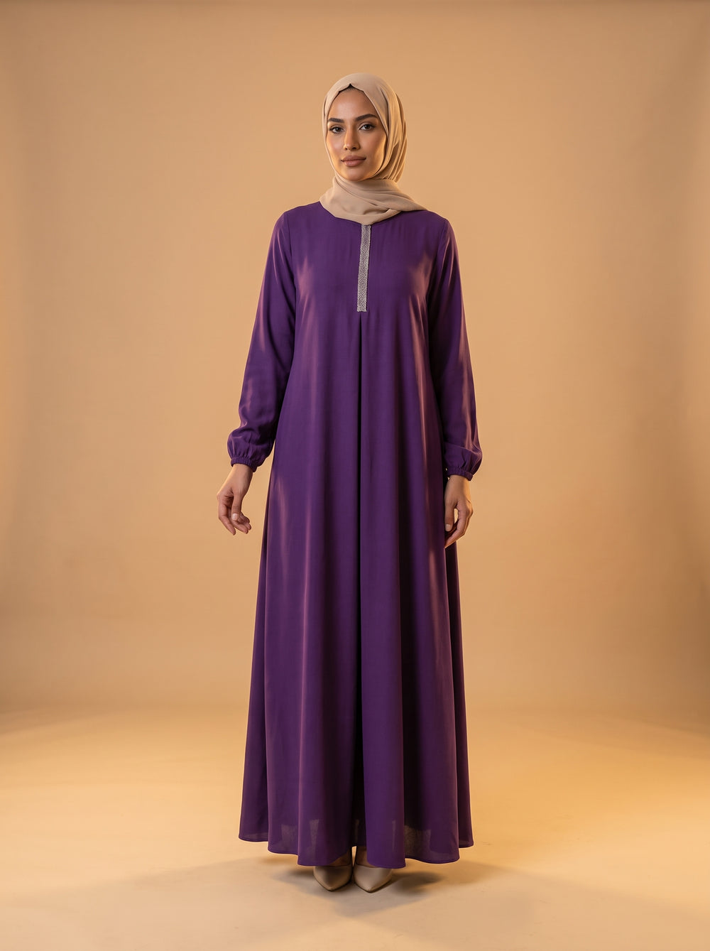 Taşlı Elbise - Mürdüm - Butik Dubai büyük beden elbise