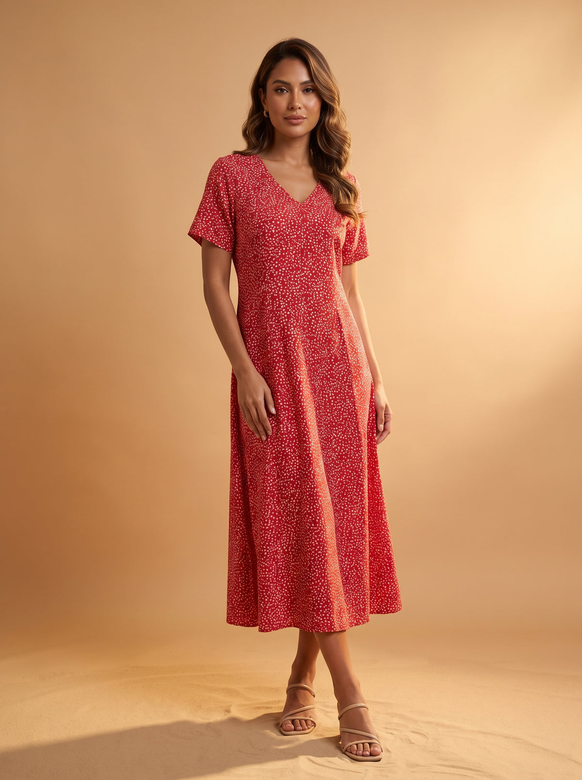 Yazlık Midi Elbise - Kırmızı Çıtır - Butik Dubai büyük beden yazlık midi elbise