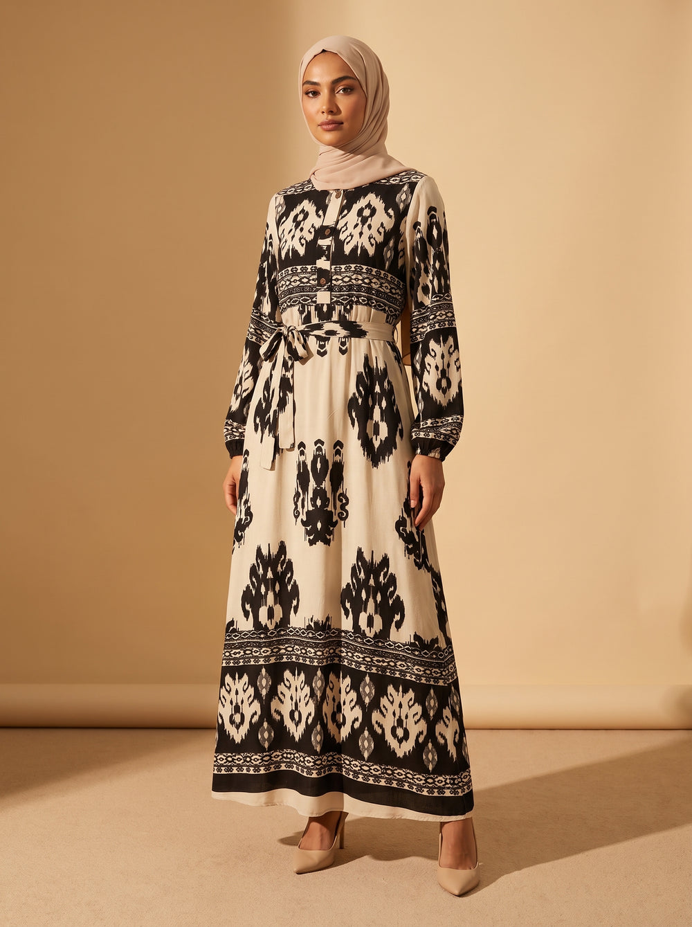 Viskon Elbise - Krem Zebra - Butik Dubai büyük beden viskon elbise
