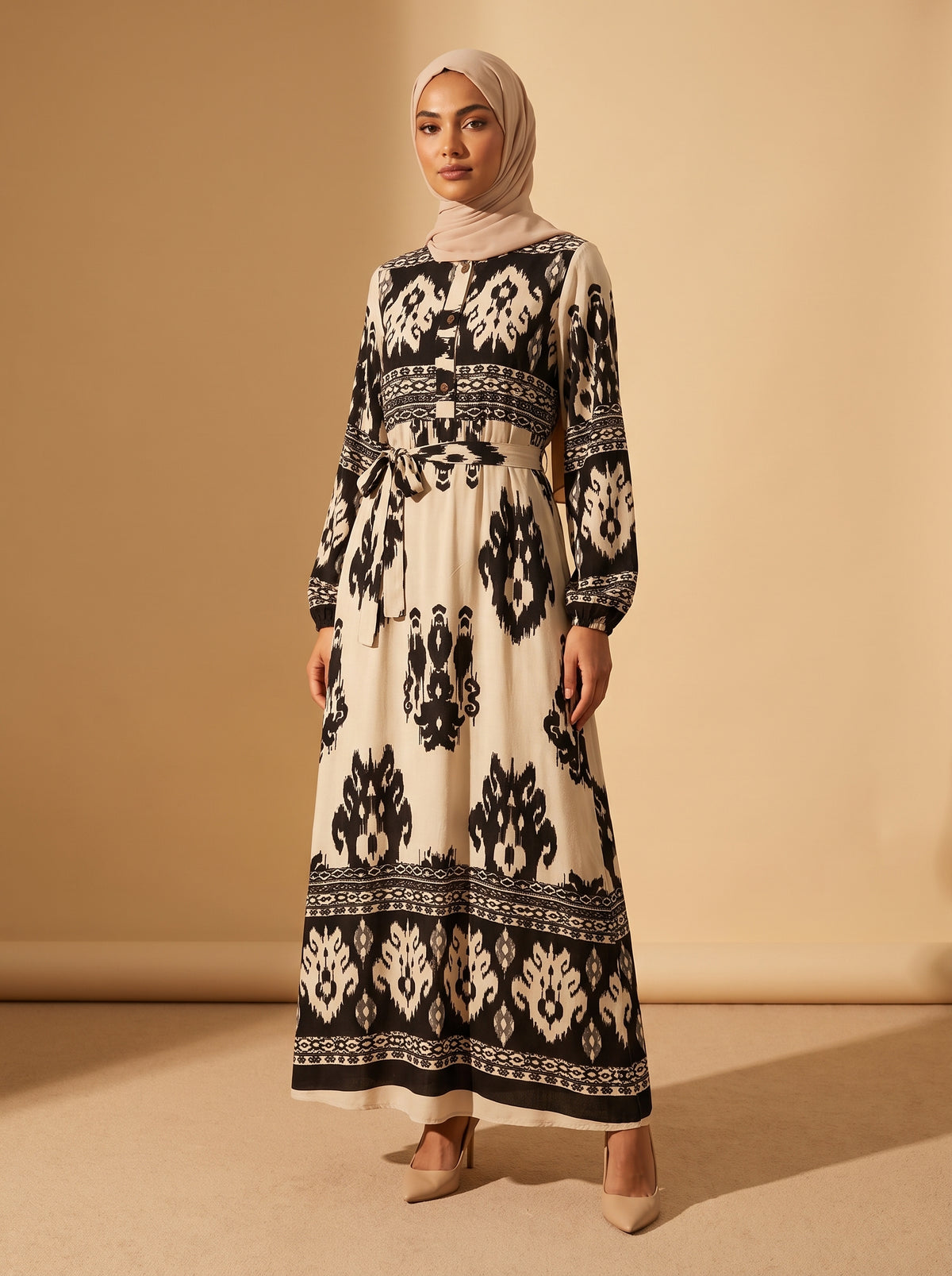 Viskon Elbise - Krem Zebra - Butik Dubai büyük beden viskon elbise