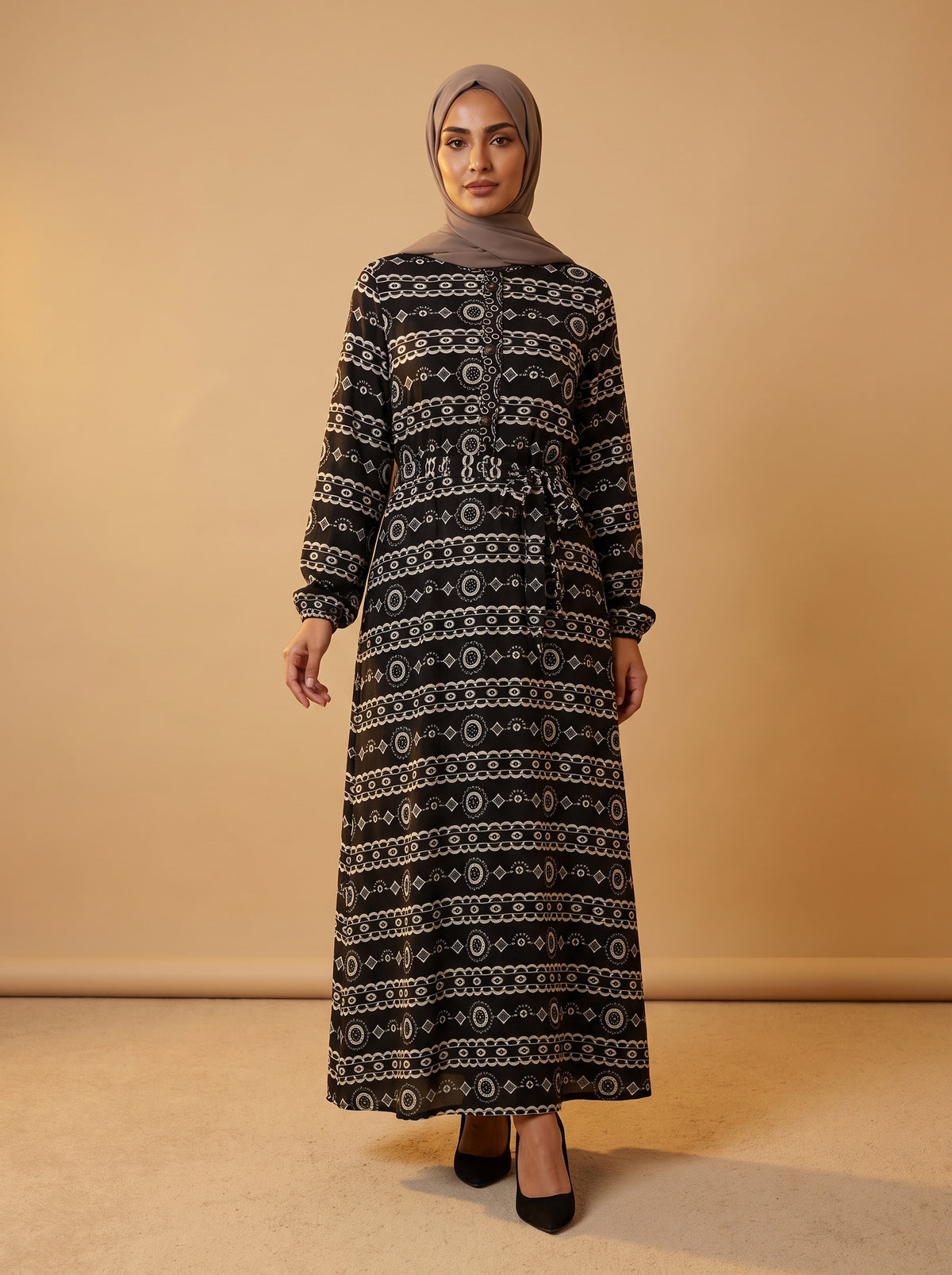 Viskon Elbise - Siyah Beyaz Motif - Butik Dubai büyük beden viskon elbise