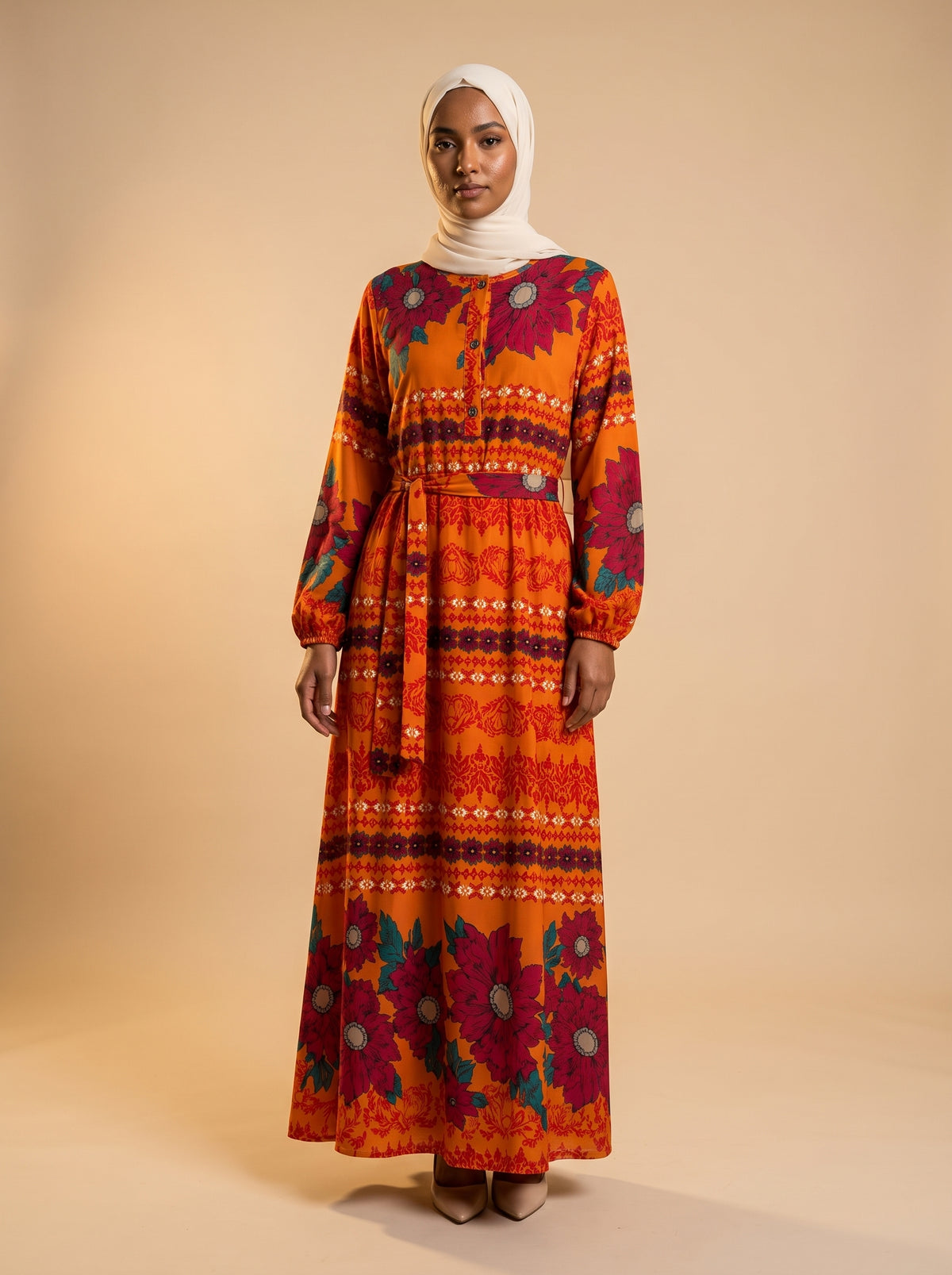 Viskon Elbise - Turuncu - Butik Dubai büyük beden viskon elbise